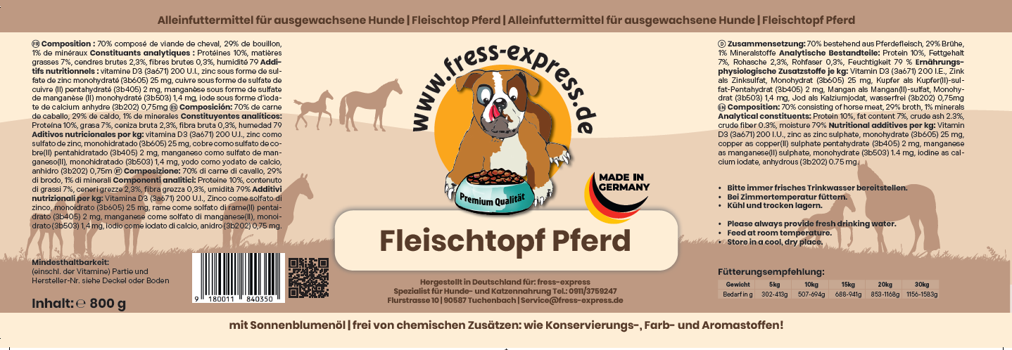 Fleischtopf Pferd 800g Alleinfuttermittel - Hypoallergen - Fettarm - Getreidefrei - Leicht Verdaulich