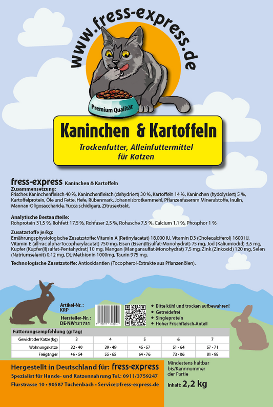 Kaninchen + Kartoffeln 2,2 kg Katzen Trockenfutter