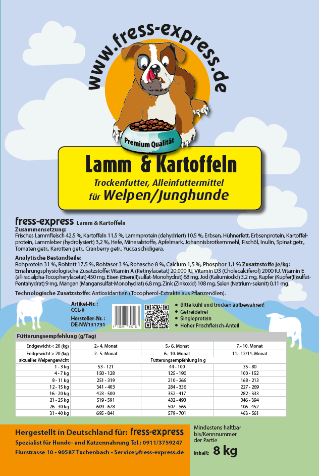 Lamm und Kartoffeln Welpen- und Junghundefutter