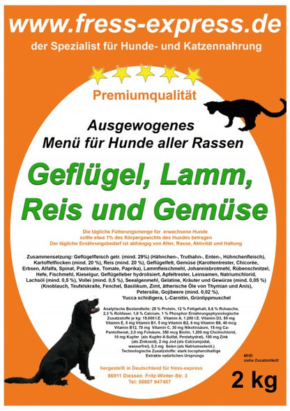 Geflügel , Lamm, Reis und Gemüse